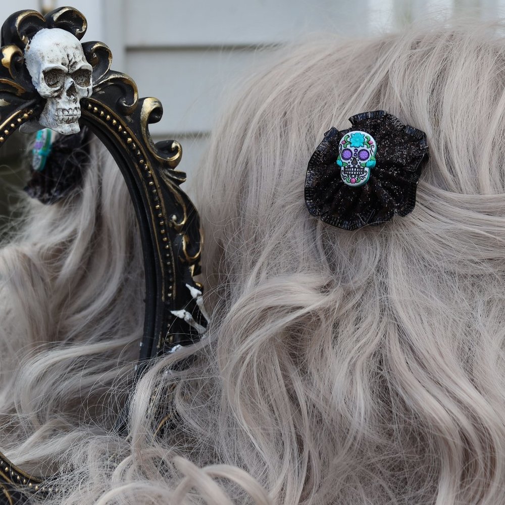 New! Halloween Black Pinwheel Blue Sugar Skull Hair Clip - Hand Crafted